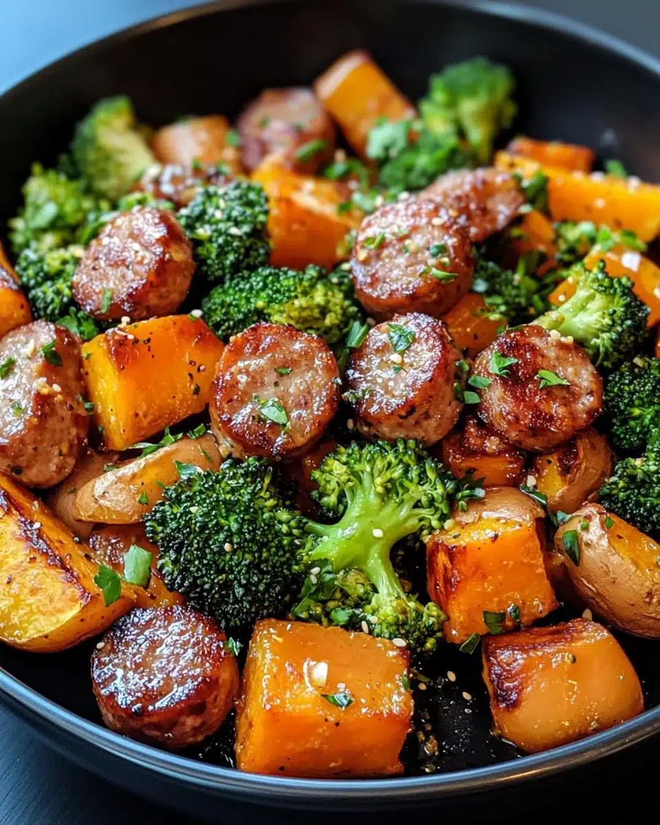 Sheet pan sausage and sweet potatoes with honey garlic sauce