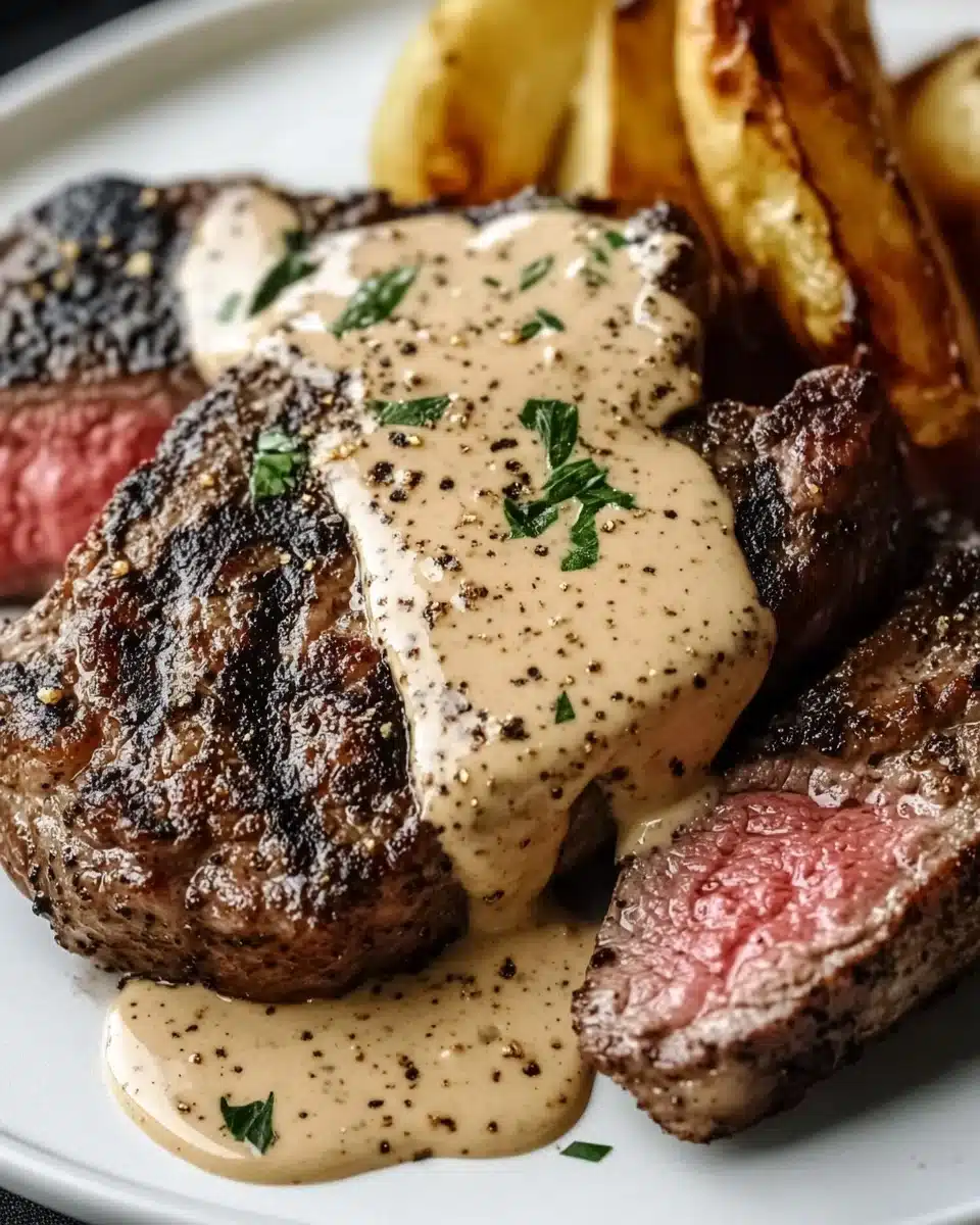 Peppercorn Crusted Steak with Creamy Peppercorn Sauce